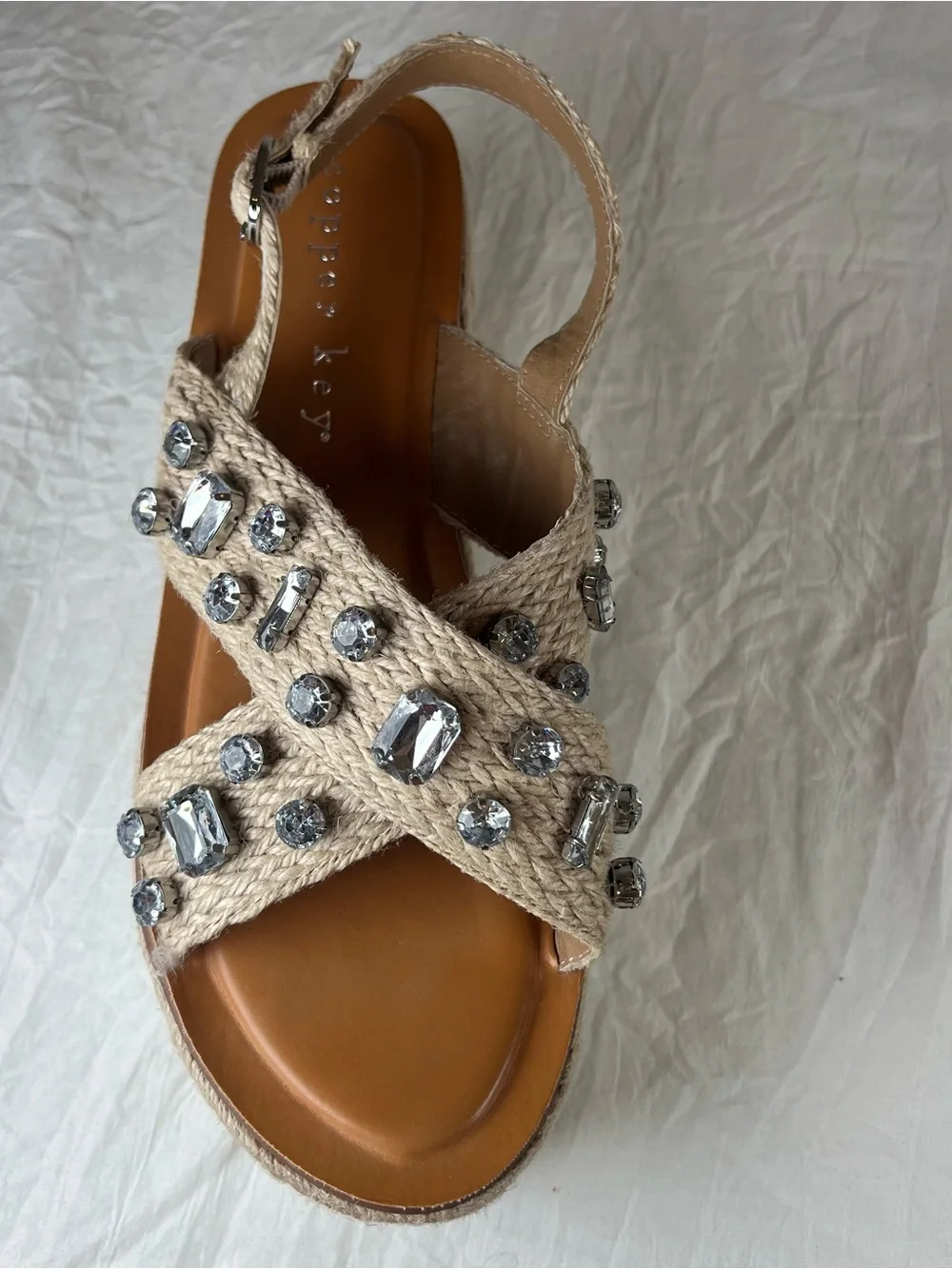 Copper Key Woven Strap Natural Beige Jeweled Platform Espadrille Sandals sz9.5